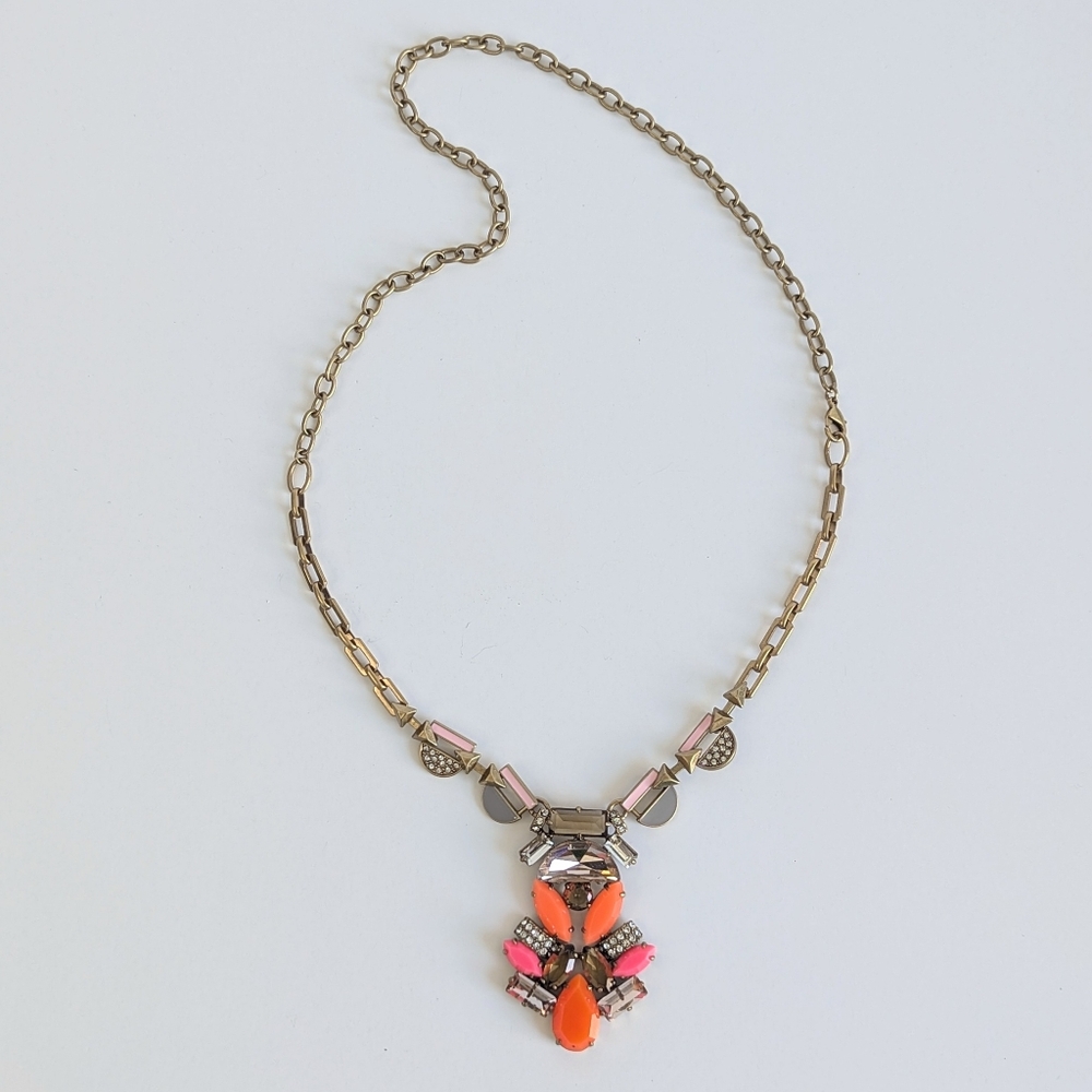 Stella and Dot Pop Geo Pendant Statement Necklace Clear Rhinestone Coral Pink